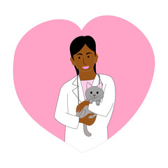 Black female veterinarian hugs a cat with white background