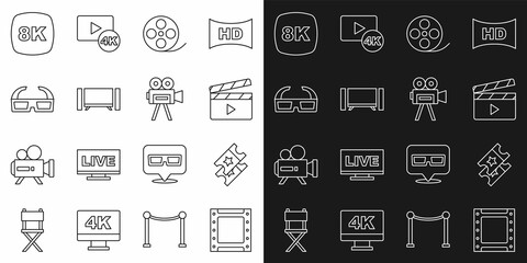 Set line Play video, Cinema ticket, Movie clapper, Film reel, Smart Tv, 3D cinema glasses, 8k Ultra HD and Retro camera icon. Vector