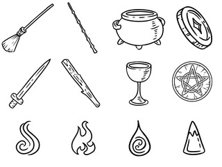 Tarot cards four symbols: cups, swords, wands, pentacles. Four elements: Fire, water, earth, air. Cute cartoon tarot deck doodles. Media highlights graphic vector symbols isolated on white background.
