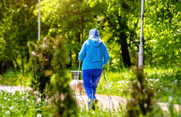 An elderly woman does Nordic walking in a city park
