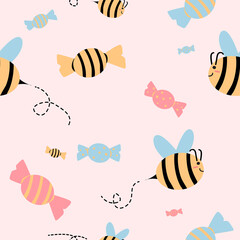 cute bee with sweet candy seamless pattern for digital printing or fabric