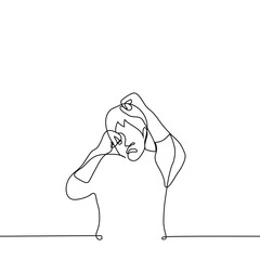 man covers his head with his hands clenched into fists - one line drawing vector. the concept of a cowardly man defending himself from a physical attack; bullying or assault