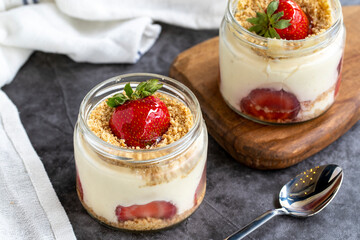 Strawberry magnolia dessert. Magnolia dessert on dark background. World cuisine delicacies. close up