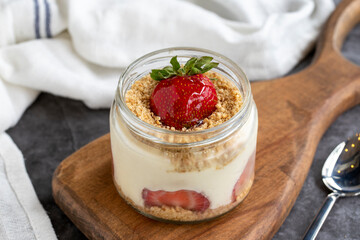 Strawberry magnolia dessert. Magnolia dessert on dark background. World cuisine delicacies. close up