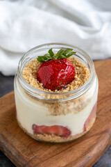 Strawberry magnolia dessert. Magnolia dessert on dark background. World cuisine delicacies. close up