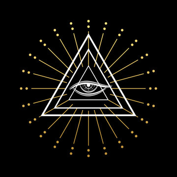 White eye of Providence , All seeing eye of god in triangle with golden light ray mysterious magic tattoo on black background boho icon flat vector design.