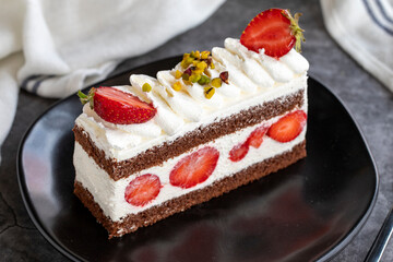 Strawberry cake. Cake with cream filling in the middle. Turkish cuisine delicacies. Traditional delicious Desserts. close up