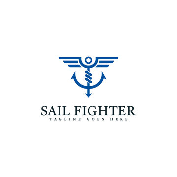 Anchor Logo With Outstretched Wings. Ocean and Air Officer Logo. Sail Fighter Logo Template.