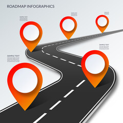 Roadmap timeline infographic template with 5 pin pointers on the way. Vector illustration.