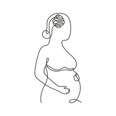 Pregnant woman outline in depression, continuous art line one drawing. Unhappy pregnancy, maternity assistance. Prenatal female with belly in doubts and trouble, anxious, asks question. Vector single