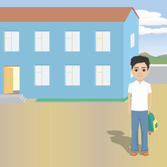 male student is in the schoolyard and holding his bag