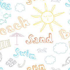 Seamless hand drawn beach doodle with lettering in vector.