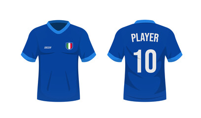 National soccer shirt of the Italy national team. Front and back view soccer uniform. Sport shirt mock up. Vector stock © Jessica