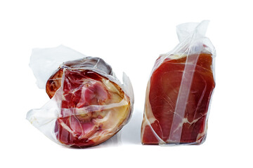 Leg and ham of cured pork in plastic vacuum package Prshut remains