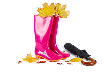 Pink Rubber Boots and black umbrella with autumn leaves on white Background