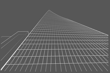 Linear abstract arcitectural sketch multi-storey building in tree-point perspective on gray background