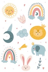 Fototapeta premium Abstract children's doodles. Illustration of a children's drawing with cute animals. Fabric template.
