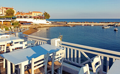 Seaside tavern in village Panormos at Crete island, Greece