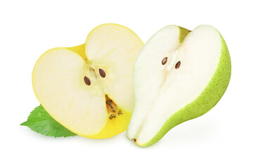 Half of a pear and an apple on an isolated white background. Yellow apple and green pear