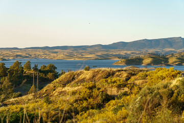 Floripes Castle and the Alcántara reservoir, Garrovillas de Alconéfar, Cáceres province,...