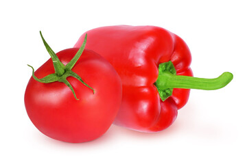 Tomato and pepper on an isolated white background. Red tomato and red pepper