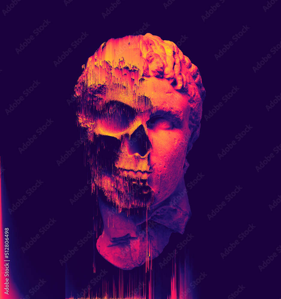 Poster glitch pixel sorting orange retrowave style illustration of glitched half skull classical sculpture 