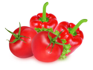 Tomatoes and peppers on an isolated white background. Red pepper and red tomato