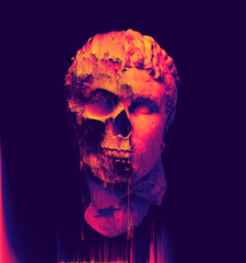 Glitch pixel sorting orange retrowave style illustration of glitched half skull classical sculpture head from 3D rendering in the style of modern digital graphics isolated on black background.
