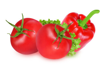 Tomato and pepper on an isolated white background. Red tomato and red pepper