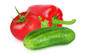 Tomato, pepper and cucumber on an isolated white background. Red pepper, cucumber and red tomato