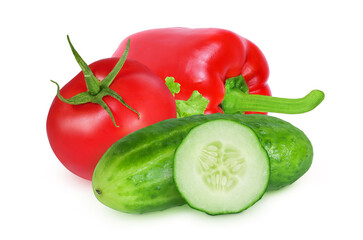 Tomato, pepper and cucumber on an isolated white background. Red pepper, cucumber and red tomato