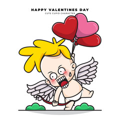 Cute cartoon character of cupid baby fly with heart ballons