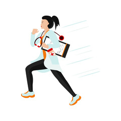 A woman doctor runs to help. Vector illustration in a flat style.