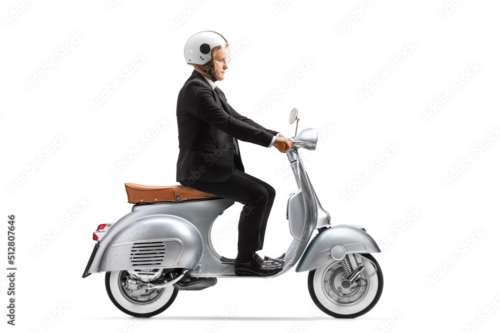 Sticker Mature businessman with a helmet riding a vintage scooter