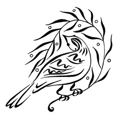 Bird on a branch of leaves pattern. Linear bird and leaves, line drawings, ink drawing, hand drawn ornamental illustration. Illustration for greeting cards, invitations, and other printing projects.