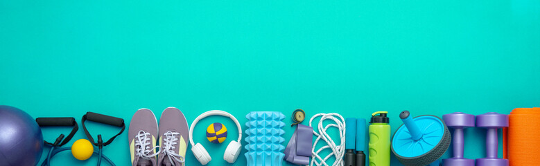 still life of group sports equipment for womens