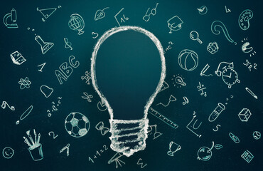idea and eduction concept. Light bulb with hand drawn school doodle icons. Studying, knowledge, learning idea.