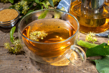 Herbal linden flower tea. linden green tea in glass teapot and tea cup, with fresh linden blossom