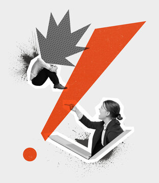 Contemporary art collage. Conceptual image with young woman, manager sticking out laptop screen and shouting at desperate employee