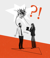 Contemporary art collage. Conceptual image. Business manager claiming on employee's project mistake