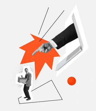Contemporary art collage. Conceptual image. Businessman's hand sticking out laptop screen, pointing with finger at employee and firing him