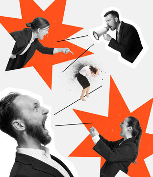 Contemporary art collage. Conceptual image. Group of people, employees shouting with anger at sad, stressed woman