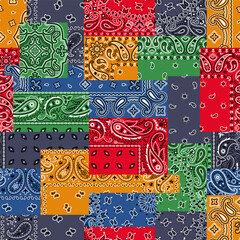 Colorful paisley bandana fabric patchwork abstract vector seamless pattern - obrazy, fototapety, plakaty