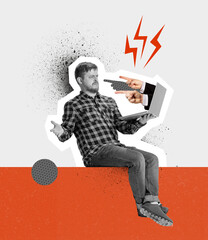Contemporary art collage. Conceptual image. Male hand, businessman sticking out laptop screen and...