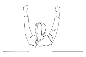 Continuous one line drawing Back view of happy girl with hands up. International youth day concept. Single line draw design vector graphic illustration.