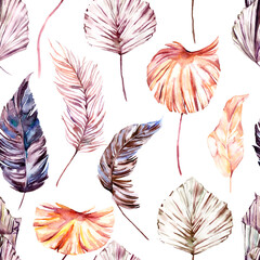 Seamless pattern with hand painted watercolor tropical leaves. Cute design for Summer textile design, scrapbook paper, decorations. Floral seamless pattern on the white background. High quality