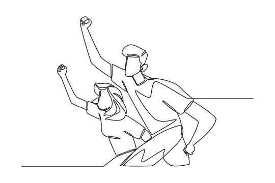 Continuous one line drawing young boy and girl give spirit by raising hand. International youth day concept. Single line draw design vector graphic illustration.