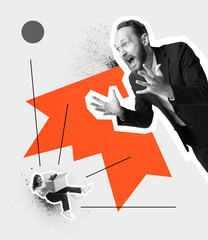 Contemporary art collage. Conceptual image. Businessman shouting at falling woman, firing employee.