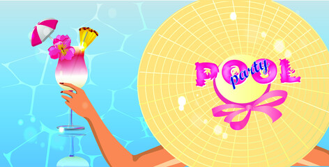 Beach party banner template with hat and cocktail