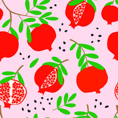 Ripe red pomegranates on a branch with green leaves. Seamless pattern with pink background for fashion textiles. Vector.